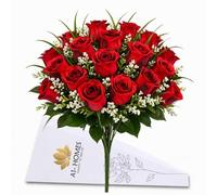 A1-Homes Artificial Red Roses for Cemetery, 2 Bunches Fake Grave Flowers, 42cm Grass Bush with Gyp & Foliage 24 Roses Heads