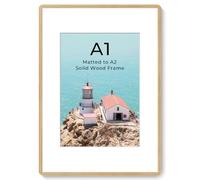 A1 Solid Oak Wood Picture Frame with HD Tempered Glass & Round Corner | Photo Frame with mat for A2, Hanging Hardware Included, for Wall & Tabletop