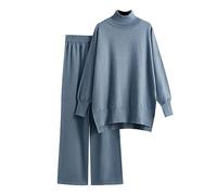 A1 Women's 2 Piece Autumn and Winter Casual Loose High Collar Knitting Sweater Jumper Long Pants Set - Wide Leg Pants - Fall Winter Streetwear Set (Blue, One Size)