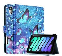 A17 Pro Smart Case for iPad Mini 7/6, 8.3-Inch, TPU Back, Blue Butterfly, Pencil Holder & Stand