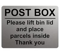 A171 POST BOX Please lift bin lid and place parcels inside Metal Aluminium Plaque Sign (15x10cm, Silver satin Matt)