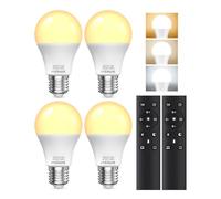 A19 LED Light Bulbs with Remote Control, 9W LED Bulbs 60W Equivalent, 3000K-6000K Stepless Dimmable, E27 Base, Remote Control Light Bulbs with Timing, Memory Function, for Home Decor, 4Bulb & 2Remote