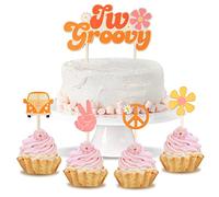 A1diee 5Pcs Two Groovy Wood Cake Toppers Boho Retro Hippie Cupcake Birthday Decoration Daisy Flower Victory Peace Sign Painted Colorful Rustic Wooden Two Year Old Cake Decor for Kid 2nd Birthday Party