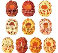 A1DIEE 600pcs Fall Mini Cupcake Paper Liners Autumn Cupcake Cases, Mini Muffin Baking Cups Wrappers with Hello Autumn Pumpkin Maple Leaf Design for Thanksgiving Halloween Party Cake Making Supplies