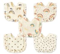 A1DIEE Absorbent Cotton Baby Bibs - 5 Pcs Newborn Unisex Rainbow Pattern Snap Button Feeding Washable Teething Bibs