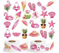 A1diee Hello Summer Pink Sticker - 1000Pcs in 2 Rolls with 16 Patterns Watermelon Ice-Cream Flamingo Pineapple Motivational Self-Adhesive Decals Gifts for Kids Reward Party Favor Decoration Bottles