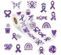 A1diee Purple Ribbon Awareness Sticker - 1000Pcs in 2 Rolls Alzheimer Suicide Prevention Domestic Violence Breast Cancer Lupus Health Awareness Sticker with 16 Patterns Vinyl Waterproof Decorations