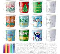 A1DIEE Winter Color Your Own Mugs for Kids - 12Pcs Christmas Bulk 8oz Personalized Coffee Mugs with 36Pcs Insert Paper DIY Plastic Cups for Birthday Xmas Winter Holiday Party School Home Supplies