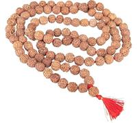 A1Sonic Rudraksha Mala Prayer Beads, 108+1 Natural Himalaya 5 Face Panch Mukhi Seeds, Wood Necklace with Red Tassel (8mm)