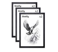 A2 Photo Frames Wooden Effect (42x29.4), 3cm Wide Premium Quality Poster Frame Comes with a Dual Sided Protective Film for Plexiglass (Black (Pack of 3), A2)