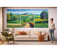 A2 Triptych - 60×126 cm / 24×49.5 in - David Hockney Red Roses Vibrant Farmland Patchwork Fields Trees Curving Road Mode