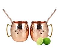 A29 Moscow Mule 100% Solid Pure Copper Mug/Cup (16-Ounce/Set of 2, Hammered) with 2 Copper Straws