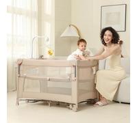 A2DAO 5 in 1 Pack and Play, Baby Bassinet Bedside Sleeper, Baby Playard, Bedside Crib with Changing Table, Foldable Travel Playard for Newborn to Toddles - Beige