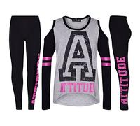 A2Z 4 Kids Attitude Shoulders Top Leggings Set Long Sleeves - Attitude Set Grey 9-10