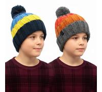 A2Z 4 Kids Boys Striped Block Bobble Beanie Hats Pack of 2 Winter Style | Soft Knitted Pom Pom Caps With Stretch Fit For Daily Outdoor Winter Wear