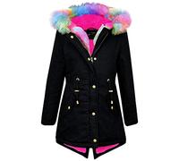 A2Z 4 Kids Faux Fur Lined Parka Hooded Jacket Girls Rainbow Faux Fur - Parka Jacket Rainbow Fur Black 13
