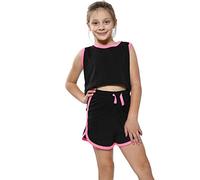 A2Z 4 Kids Girls Crop Top Shorts Set Contrast Taped Lightweight - Shorts Set 480 Black Neon Pink 7-8