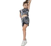 A2Z 4 Kids Girls Crop Top Shorts Set Contrast Taped Lightweight - Shorts Set 480 Camo Charcoal 11-12
