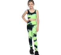 A2Z 4 Kids Girls Honeycomb Leggings Crop Top Vest Bottoms Gym Outfit Set - Yoga Set Green 9-10