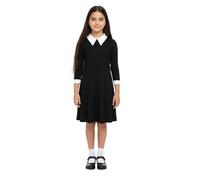 A2Z 4 Kids Girls Long Sleeve Peter Pan Collar Swing Dress Gothic Style Black Dress with White Collar and Cuffs Plain Stars or Polka Dot Print for Halloween Parties Events Ages 5-13 Years
