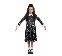 A2Z 4 Kids Girls Long Sleeve Peter Pan Collar Swing Dress Gothic Style Black Dress with White Collar and Cuffs Plain Stars or Polka Dot Print for Halloween Parties Events Ages 5-13 Years