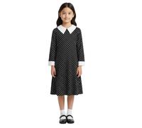 A2Z 4 Kids Girls Long Sleeve Peter Pan Collar Swing Dress Gothic Style Black Dress with White Collar and Cuffs Plain Stars or Polka Dot Print for Halloween Parties Events Ages 5-13 Years
