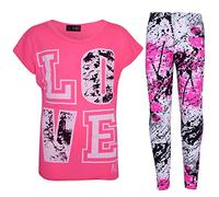 A2Z 4 Kids Girls Love Print Crop Top with Short/Long Sleeves - Love Splash Set Neon Pink 13
