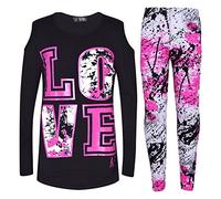 A2Z 4 Kids Girls Love Print Crop Top with Short/Long Sleeves - Love Splash Set Shoulder Cut Black 11-12