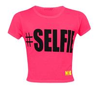A2Z 4 Kids Girls #Selfie Crop Top Active Short Sleeves T Shirts Lightweight - #Selfie Crop Top Neon Pink 7-8