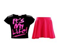 A2Z 4 Kids Girls T-Shirt and Skater Skirt Set Short Sleeve Top and Flared - Its My Life Black & Skirt Set 13
