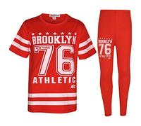 A2Z 4 Kids Girls Top Kids Designer's Brooklyn New York 76 Athletic T Shirt Top & Legging Set - Red - 13 Years