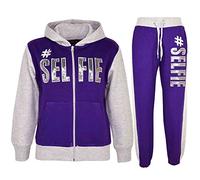 A2Z 4 Kids Girls Tracksuit Hooded Sweatshirt Top Bottoms Comfortable Gym Jogging Suit - T.S SELFIE Purple Grey 5-6