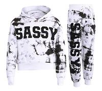 A2Z 4 Kids Girls Tracksuit Tie Dye Sassy Fleece Hooded Crop Top - T.S Crop Sassy Black 9-10