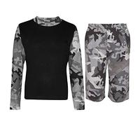 A2Z 4 Kids Long Sleeve T Shirt And Shorts Colour Contrast PJS Super Soft Matching - PJS Plain 177 Camo Charcoal 11-12