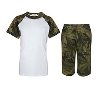 A2Z 4 Kids Raglan Style T-Shirt Shorts Contrast PJS Super Soft Matching Top Bottom - PJS Plain 176 Camo Green 9-10