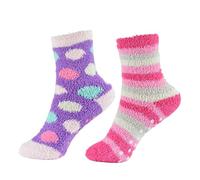 A2Z 4 Kids Super Soft Fluffy Girls Socks with Non-Slip Gripper - Socks AZ438 Spotty/Striped 2PK 7-10