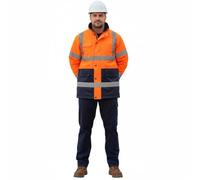 A2Z Hi Vis 3/4 Length Parka Jacket Mens Waterproof High Visibility Coat Reflective - Hi Vis Parka Orange/Navy XXL
