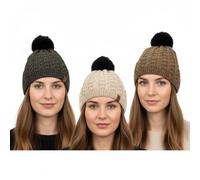 A2Z Ladies Cable Knit Bobble Beanie Hats 3 Pack Faux Fur Pom Pom Winter Hat Lightweight Stretchy Soft Feel Warm Cosy Knitted Caps Comfortable Women One Size