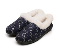 A2Z Ladies Full Slippers Navy Moon & Stars Print Warm Faux Fur Lined Indoor Slip-On Shoes - Slipper LDS 2608 Navy 5 UK
