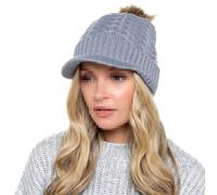A2Z Ladies Hat Cable Knitted Peaked Sherpa Lined Detachable Faux Fur Pom - Hat LH873 Grey One Size