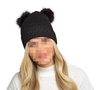 A2Z Ladies Hat Ribbed Gold Lurex Knitted Twin Faux Fur Pom Pom - Hat LH1168 Black One Size