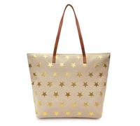 A2Z Ladies Large Canvas Tote Bag with Zip Closure Shoulder Shopper Beach Travel Weekend Bag with PU Handles Metallic Gold Star Spot or Stripe Print One Size
