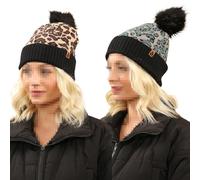 A2Z Ladies Leopard Knit Bobble Beanie Hats, Women's Winter Warm Cosy Caps, Lightweight Stretchy Soft Feel, Faux Fur Pom Pom, One Size Fits All, 2 Pack