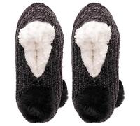 A2Z Ladies Socks Knitted Chenille Slipper Socks Sherpa Lining Pom Pom - Socks LS1132 Charcol M/L