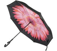 A2Z Women's Double Layer Inverted Umbrella Reverse Open Folding Umbrellas 46" Canopy C Handle Invisible Water Repellent Coating Dual Layers Brolly Solid Black Outer Flower Print Inner Stick Umbrella