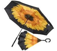 A2Z Women's Double Layer Inverted Umbrella Reverse Open Folding Umbrellas 46" Canopy C Handle Invisible Water Repellent Coating Dual Layers Brolly Solid Black Outer Flower Print Inner Stick Umbrella
