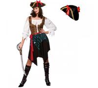 A2ZFD Adult Caribbean Pirate Woman Fancy Dress Costume + Ladies Tricorn Pirate Hat (S (UK 10-12))