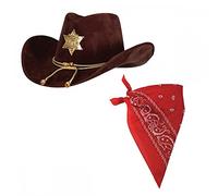 A2ZFD Adult Deluxe Sheriff Hat + Red Bandana : Wild West Cowboy Cowgirl Fancy Dress Accessory Set