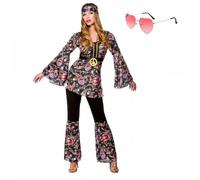 A2ZFD Adult Female Peace Lovin' Hippie Costume + Pink Heart Glasses : 60s 70s Hippy Fancy Dress (X-Large (UK:22-24)), Multicolored