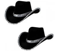2 x Adult Ladies Black Sequin Texan Cowboy Hats : Wild West Cowgirl Hen Night Fancy Dress Accessory